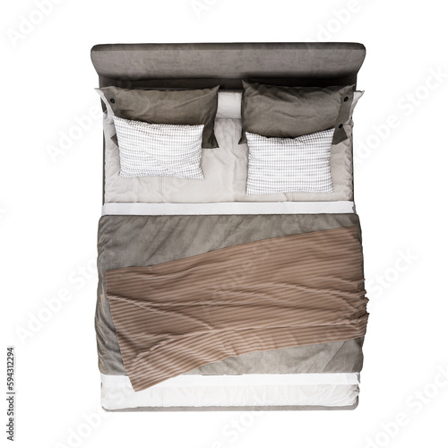 3d Furniture Top view modern Bed king size with fabric upholstered headboard, isolated on a white background