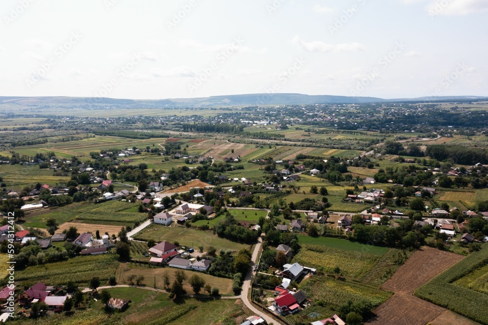 Aerial landscape in a village with farm lands