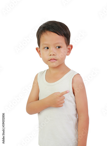 Asian little boy point one forefinger and looking beside on white background. Image with Clipping path.