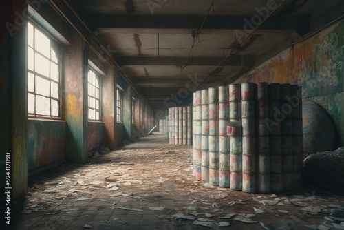 cans an empty city in abandoned factory with peeling walls, created with generative ai