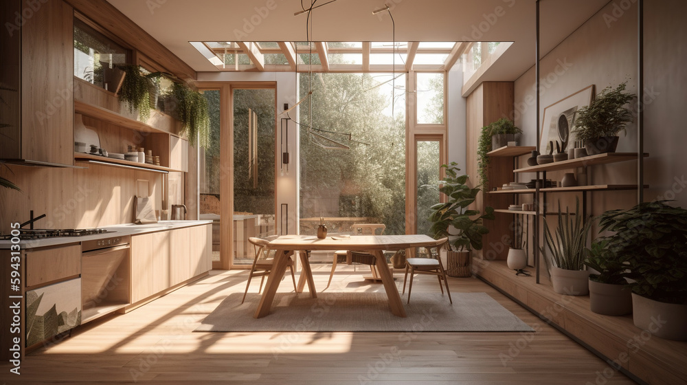 Vintage living room with natural wood. Generative AI.