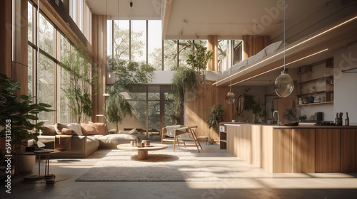 Vintage living room with natural wood. Generative AI.