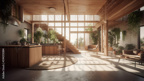 Vintage living room with natural wood. Generative AI. © Absent Satu