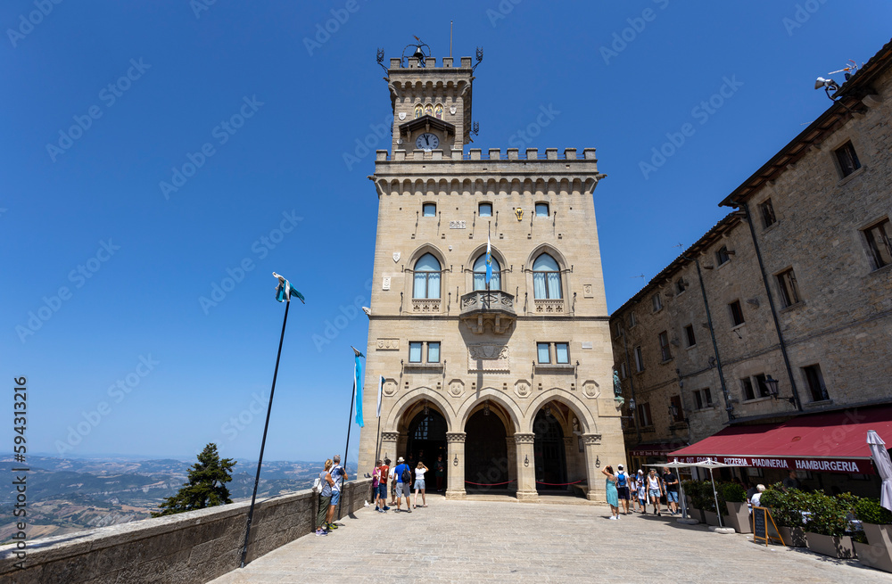 SAN MARINO, JULY 5, 2023 - View of Liberty square with the Public Palace and the Statue of Liberty in San Marino, Republic of San Marino, Europe