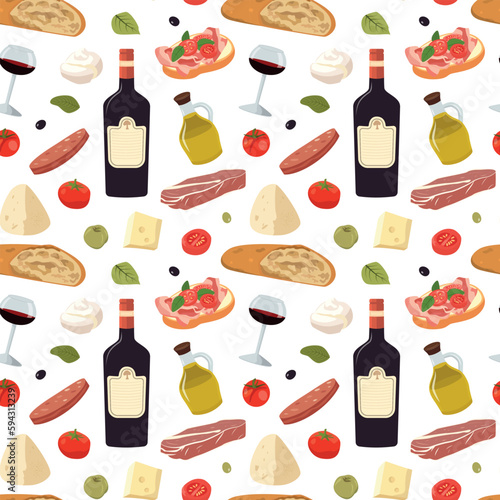 Italian food seamless pattern. Cartoon illustration with Italian cheese, meat, bread, tomatoes, and wine. Isolated on white background.