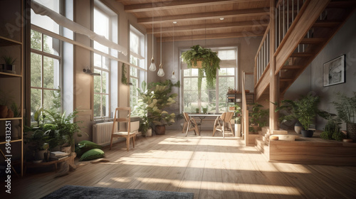 Vintage living room with natural wood. Generative AI.