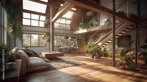 Vintage living room with natural wood. Generative AI.