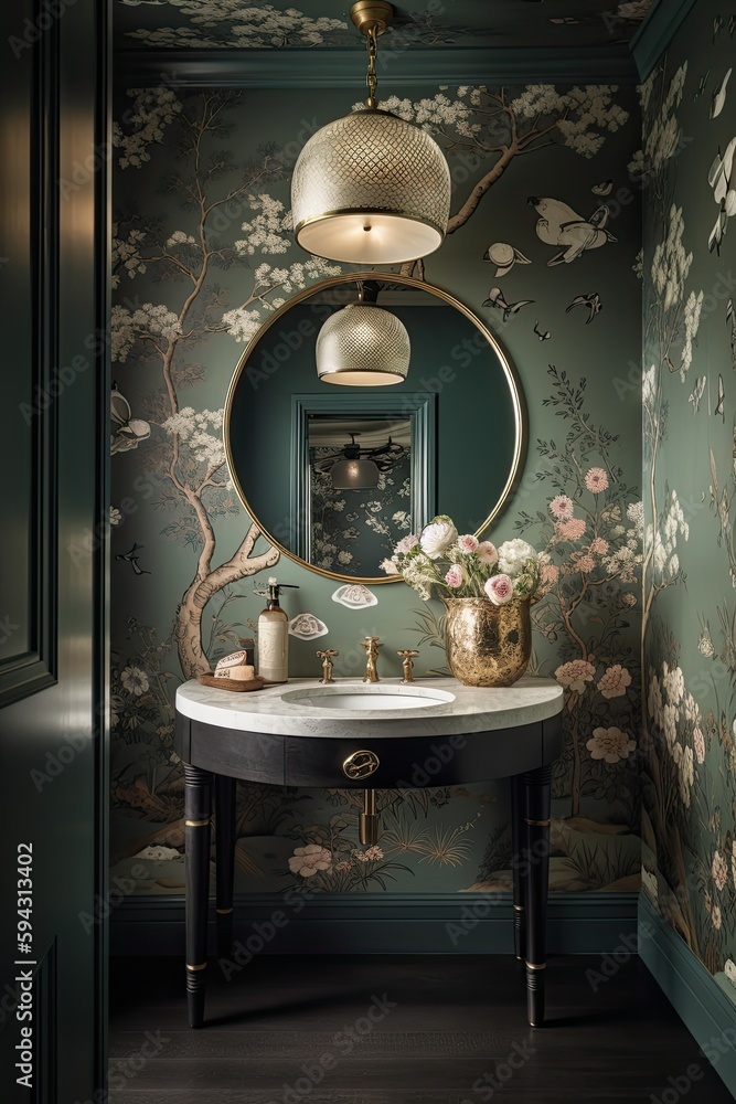Beautiful Chinoiseries Powder Room with Floral Wallpaper Interior ...