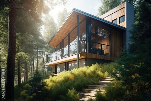 Modern house in summer forest, Generative AI