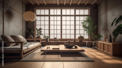 Vintage living room with natural wood. Generative AI.