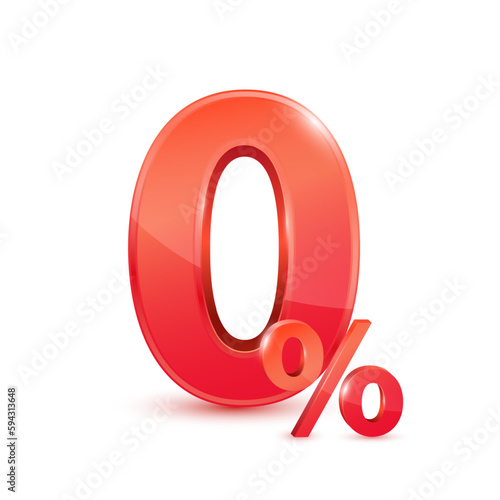 Red 0% text in credit card white transparent. Zero percent for special offer buy pay transfer money. Isolated on blue background. Financial business concept. 3D vector illustration.