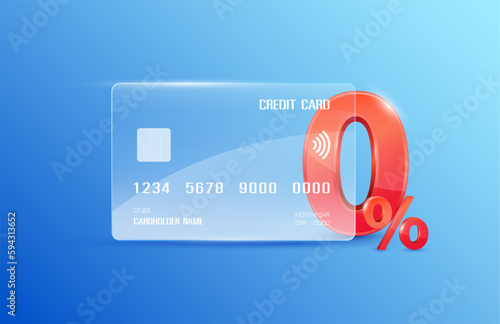 Red 0% text in credit card white transparent. Zero percent for special offer buy pay transfer money. Isolated on blue background. Financial business concept. 3D vector illustration.