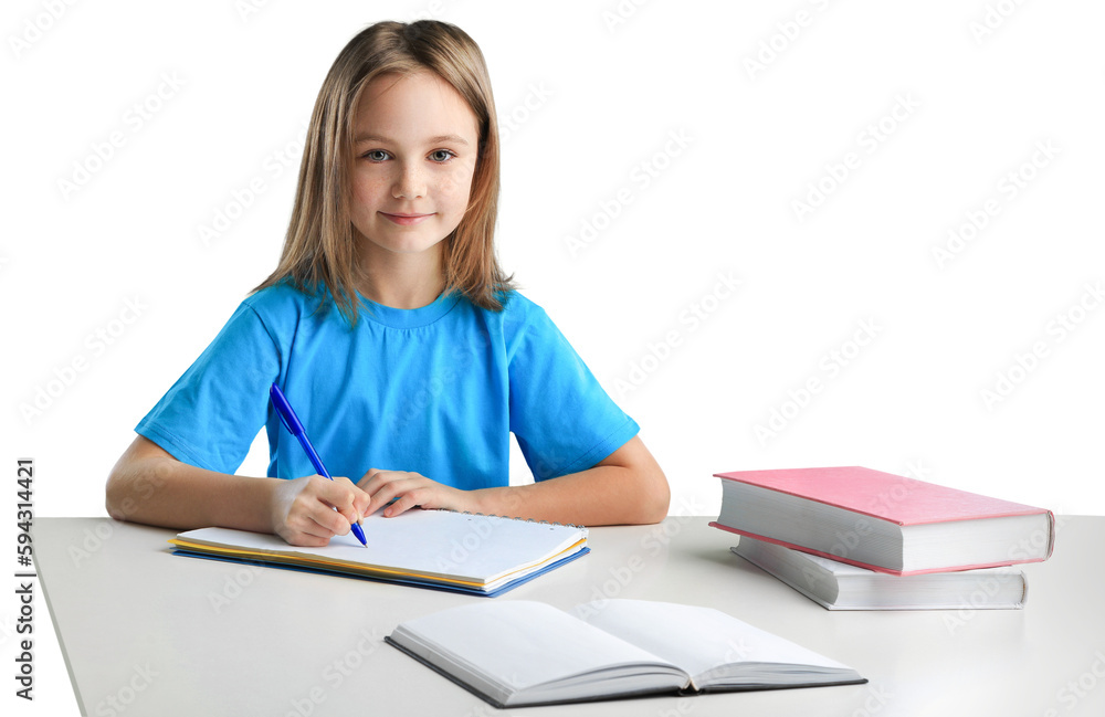 Education, learning concept - student girl with book writing school test Education, learning concept - student girl with book writing school test