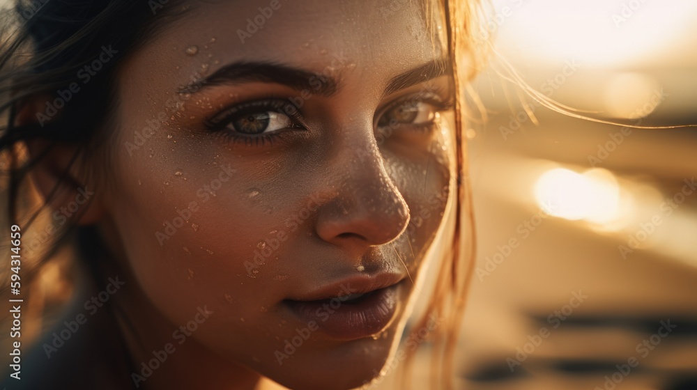 close up beach portrait of a beautiful woman in golden sunlight - ai-generated close up beach portrait of a beautiful woman in golden sunlight - ai-generated
