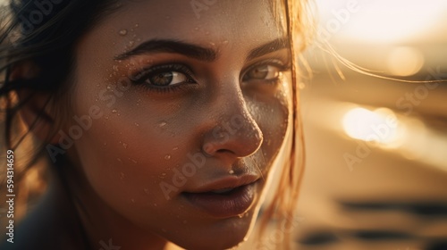 close up beach portrait of a beautiful woman in golden sunlight - ai-generated