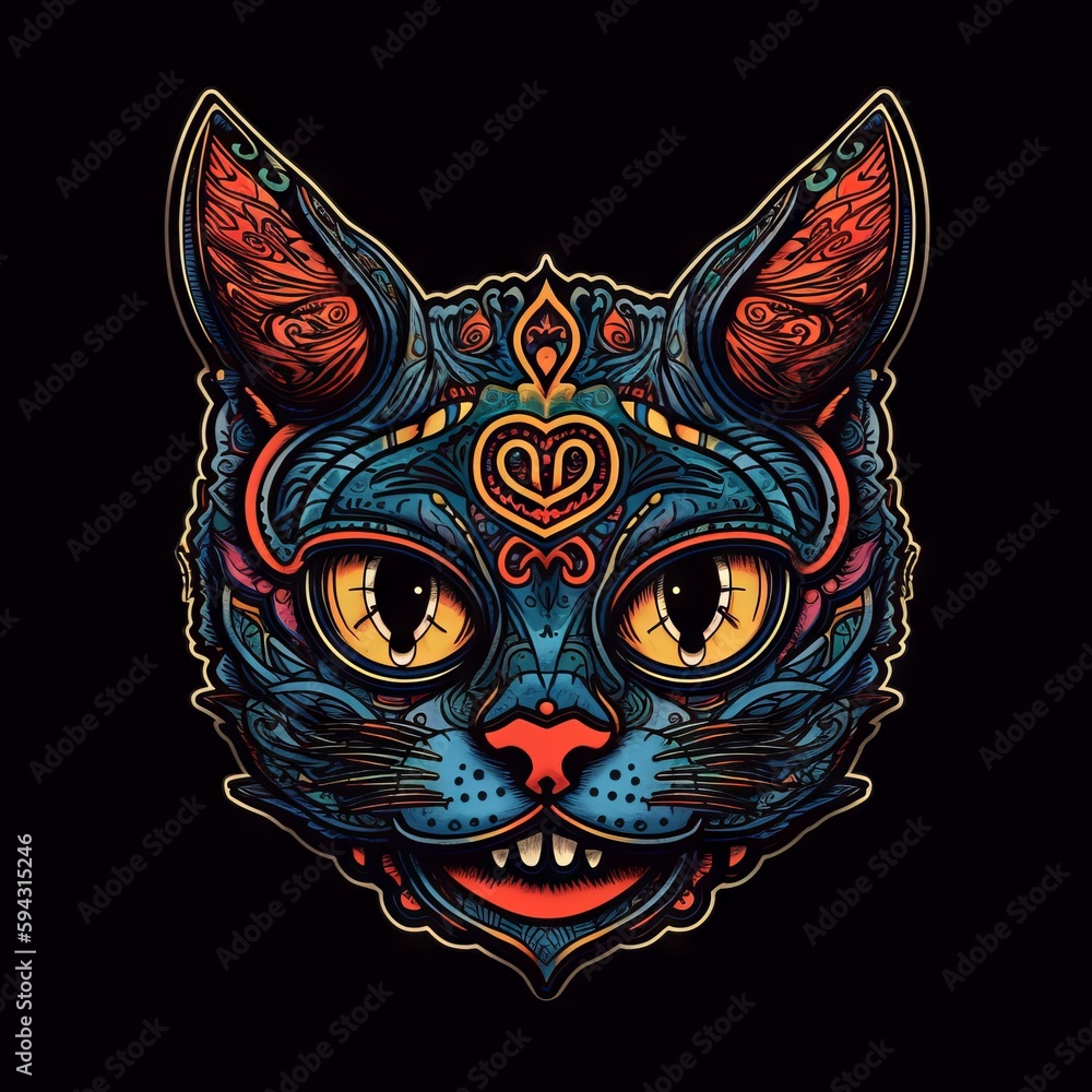 Fashion cat sticker, black background. Generative ai.