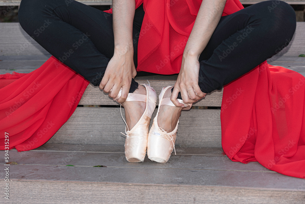 Ballerina in nature, Student woman wear old shoe ,practice ballet outdoor, sit relax at stair background. Health lifestyle image.