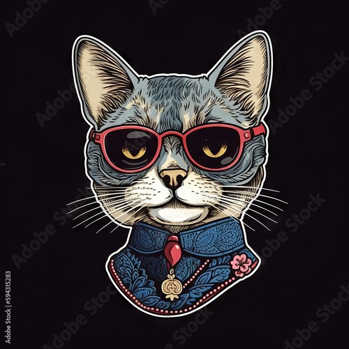 Fashion cat sticker, black background. Generative ai. © oleksii