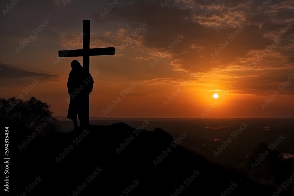Jesus at the cross at sunset - obrazy, fototapety, plakaty 