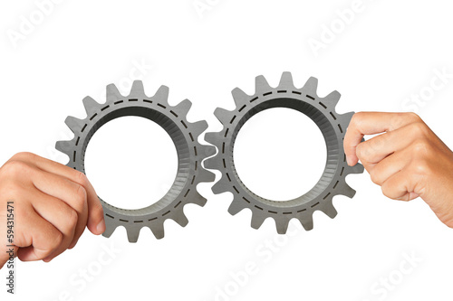 Obraz na plátně Business  people connect two pieces of gears as partnership, teamwork and integr