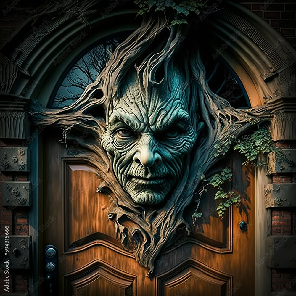 Death's Door. Generative AI. A digital painting of a death's head on an