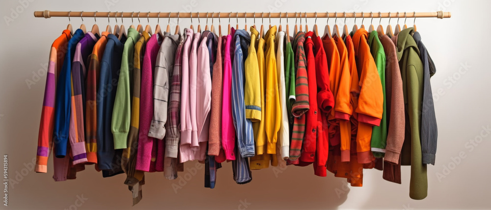 Fashion clothes on clothing rack - bright colorful closet. Closeup