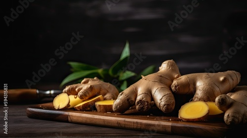 Fresh ginger on a wooden chopping board, Generative AI