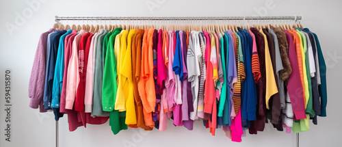 Fashion clothes on clothing rack - bright colorful closet. Closeup of rainbow color choice of trendy female wear on hangers in store closet or spring cleaning concept. Summer home wardrobe.  © AhmadSoleh