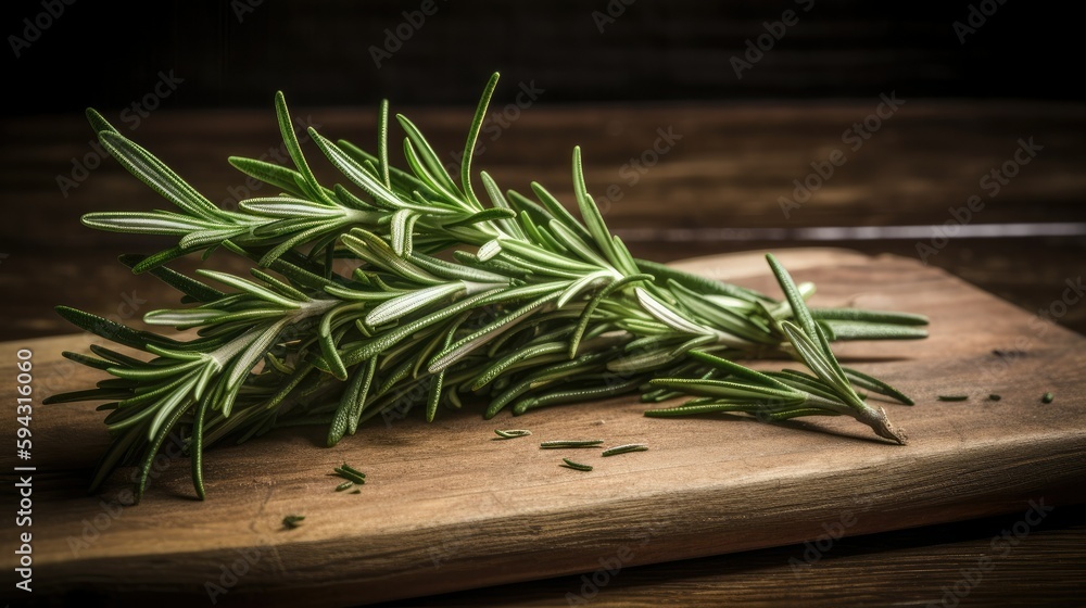Fresh Rosemary on a wooden cutting board, Generative AI Fresh Rosemary on a wooden cutting board, Generative AI