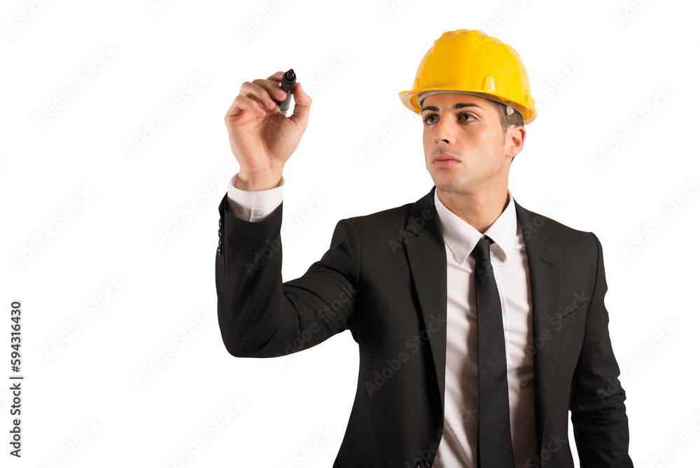 Architect with helmet draws something with a pen Architect with helmet draws something with a pen