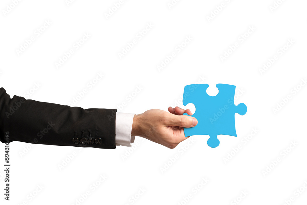 businessman holds a piece of puzzle as teamwork, partnership, integration concept businessman holds a piece of puzzle as teamwork, partnership, integration concept