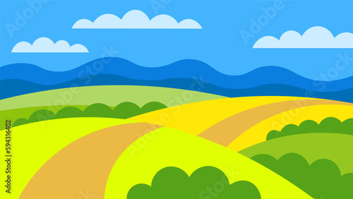 Countryside horizontal illustration. Bright green summer fields on abstract mountains background.