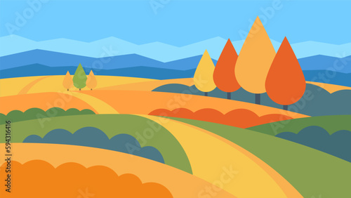 Winding road through autumn orange meadows and trees. Warm horizontal weather landscape illustration.