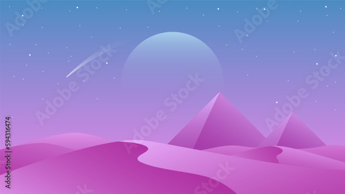 Illustration of a landscape with pyramids in the desert on a background of the moon