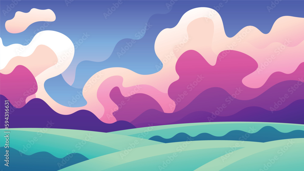 Abstract cartoon landscape with meadows on colorful sunset clouds background.