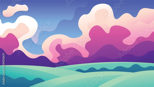Abstract cartoon landscape with meadows on colorful sunset clouds background.