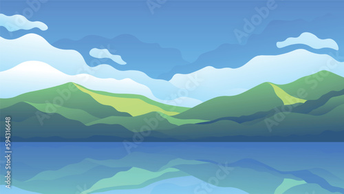 Green tropical island with mountain range on daytime blue sky background.