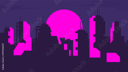 Flat illustration of futuristic metropolis on a beautiful sunset background.