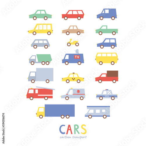 Cute cartoon set of cars isolated on white background. Transport of emergency services, civilian cars.