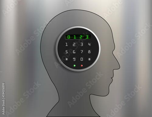 Silhouette of a human head with a combination lock. Mental health concept. Vector illustration