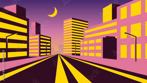 Beautiful evening flat illustration of pink buildings and street.