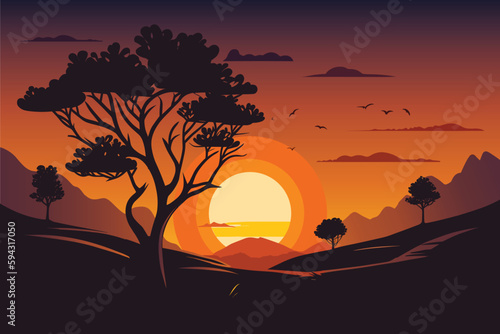 Beautiful sunset landscape scenery with colorful gradient sky illustration