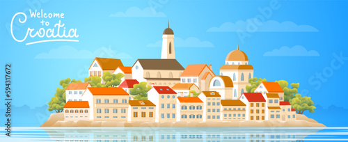 Colorful city in Croatia. Architecture of old city on horizontal banner.