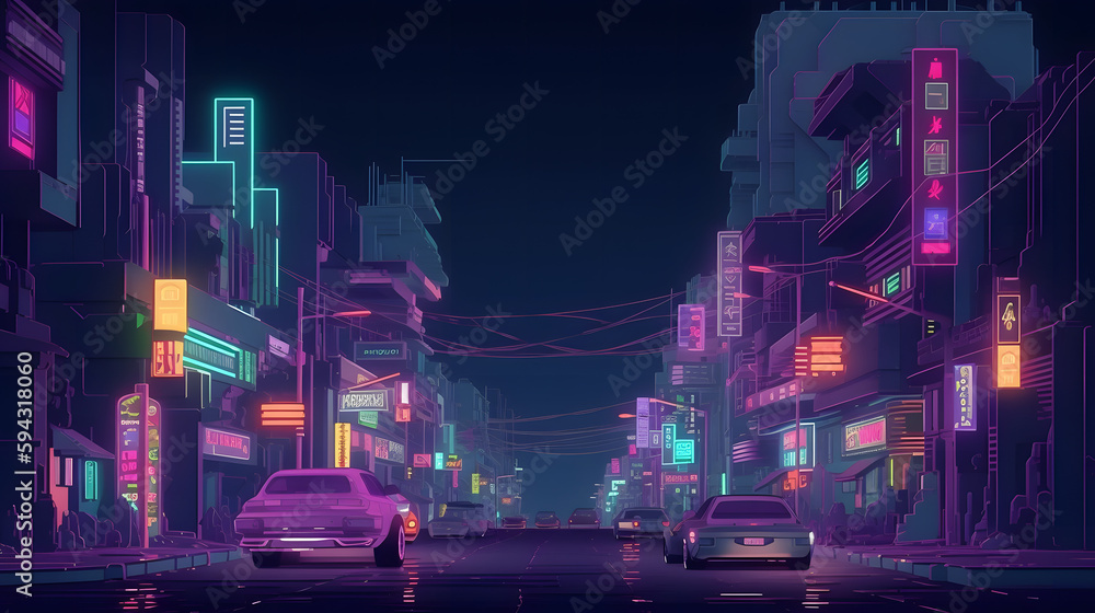 Neon Visions: Cyberpunk Street with Arcade Voxel Art Style, AI Generative