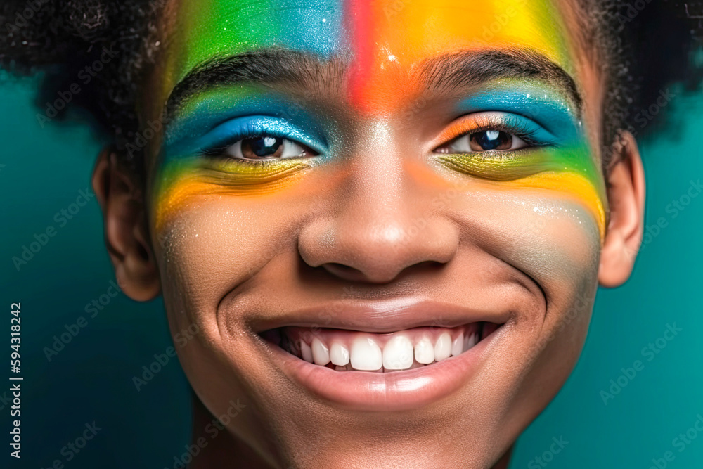 Portrait of a beautiful gay afro boy at pride festival with rainbow colors flag make-up. Celebrating and fighting for LGBT rights. Demonstration for gay, lesbian, transgender people. Generative AI