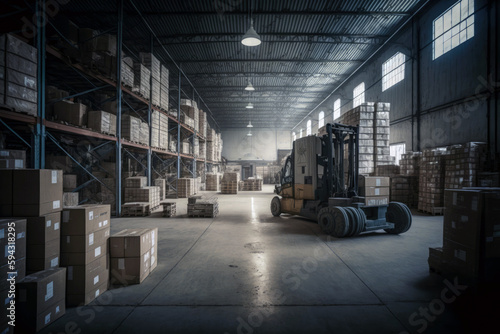 Large warehouse with goods and lifting equipment. Generative AI