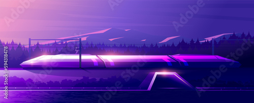 Modern train rides through rural landscape. Horizontal evening illustration of futuristic public transport.