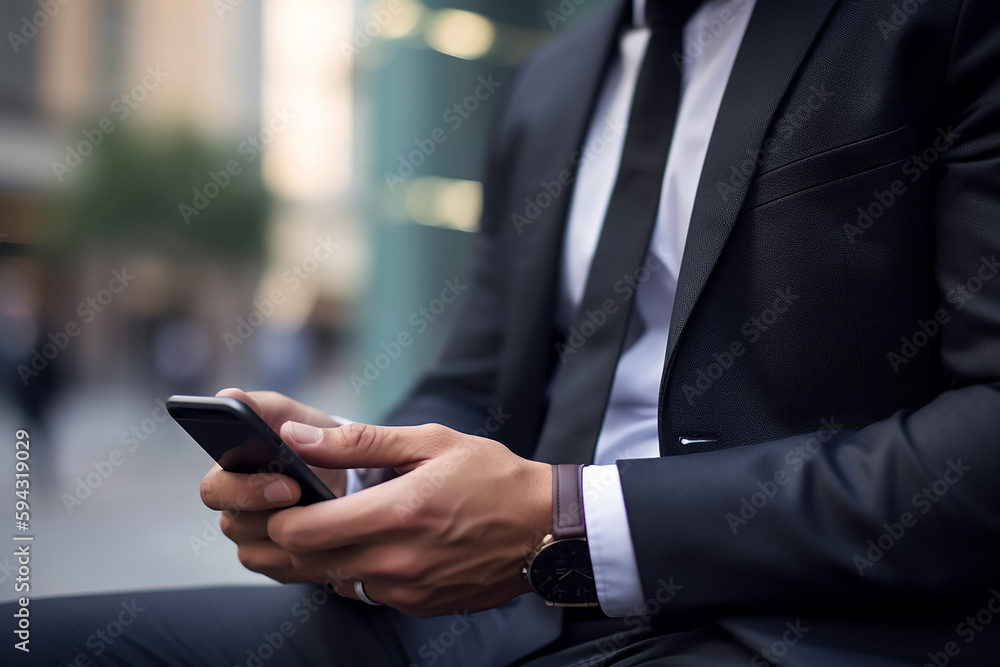 Close - up image of business man watching smart mobile phone device outdoors - Businessman networking typing an sms message in city street