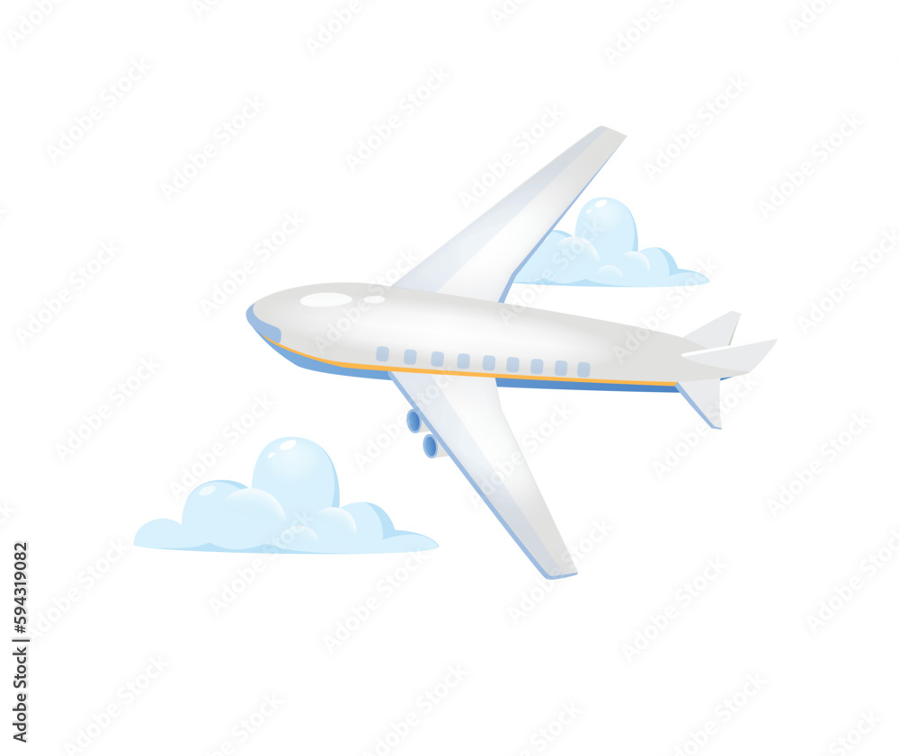 Concept Travel airplane. This is a flat vector illustration of an airplane, designed in a colorful and playful cartoon style. Vector illustration.