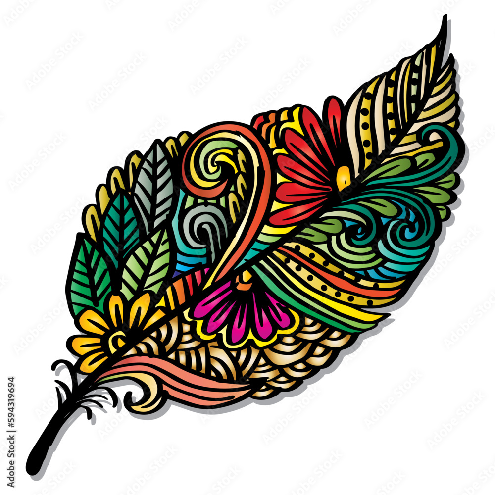 Doodle zentangle feather with floral ornament.
